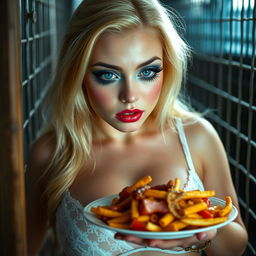 A stunning, massively voluptuous 19-year-old woman with long blonde hair, featuring bold makeup that includes frosted pastel blue eyeshadow, thick black eyeliner, lush black mascara, and bright pink lipstick