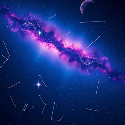 A stunning digital artwork featuring a starry night sky, filled with vibrant constellations and a colorful galaxy with swirling nebulae