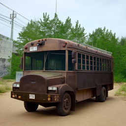 A penitentiary bus with sturdy structure, strong bars on the windows, and a rough-and-ready design to ensure utmost security.