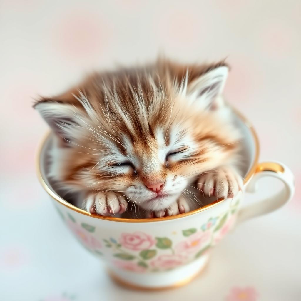 A charming close-up photograph of an adorable kitten peacefully nestled inside a delicate teacup