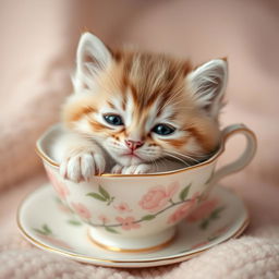A charming close-up photograph of an adorable kitten peacefully nestled inside a delicate teacup
