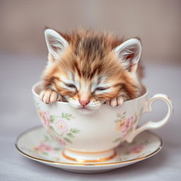 A charming close-up photograph of an adorable kitten peacefully nestled inside a delicate teacup