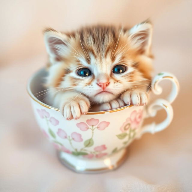 A charming close-up photograph of an adorable kitten peacefully nestled inside a delicate teacup