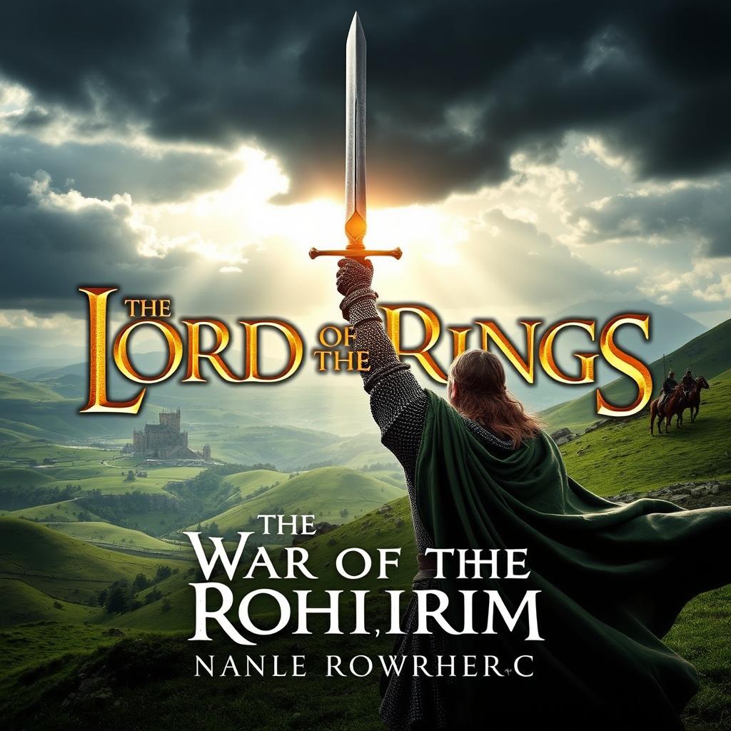 A cinematic movie poster for 'The Lord of the Rings: The War of the Rohirrim', featuring a majestic landscape of Rohan, with rolling green hills and a grand view of the Hornburg fortress