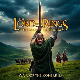 A cinematic movie poster for 'The Lord of the Rings: The War of the Rohirrim', featuring a majestic landscape of Rohan, with rolling green hills and a grand view of the Hornburg fortress