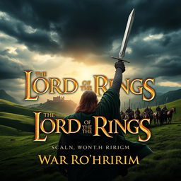 A cinematic movie poster for 'The Lord of the Rings: The War of the Rohirrim', featuring a majestic landscape of Rohan, with rolling green hills and a grand view of the Hornburg fortress
