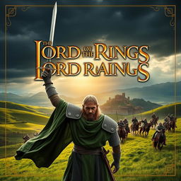 A cinematic movie poster for 'The Lord of the Rings: The War of the Rohirrim', featuring a majestic landscape of Rohan, with rolling green hills and a grand view of the Hornburg fortress