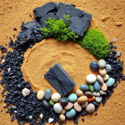 A serene and artistic composition featuring a mix of moss, charcoal, sand, and colorful pebbles