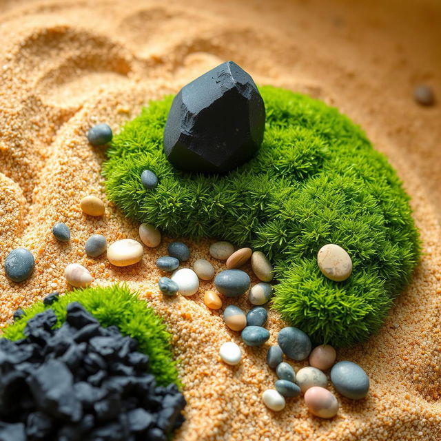 A serene and artistic composition featuring a mix of moss, charcoal, sand, and colorful pebbles