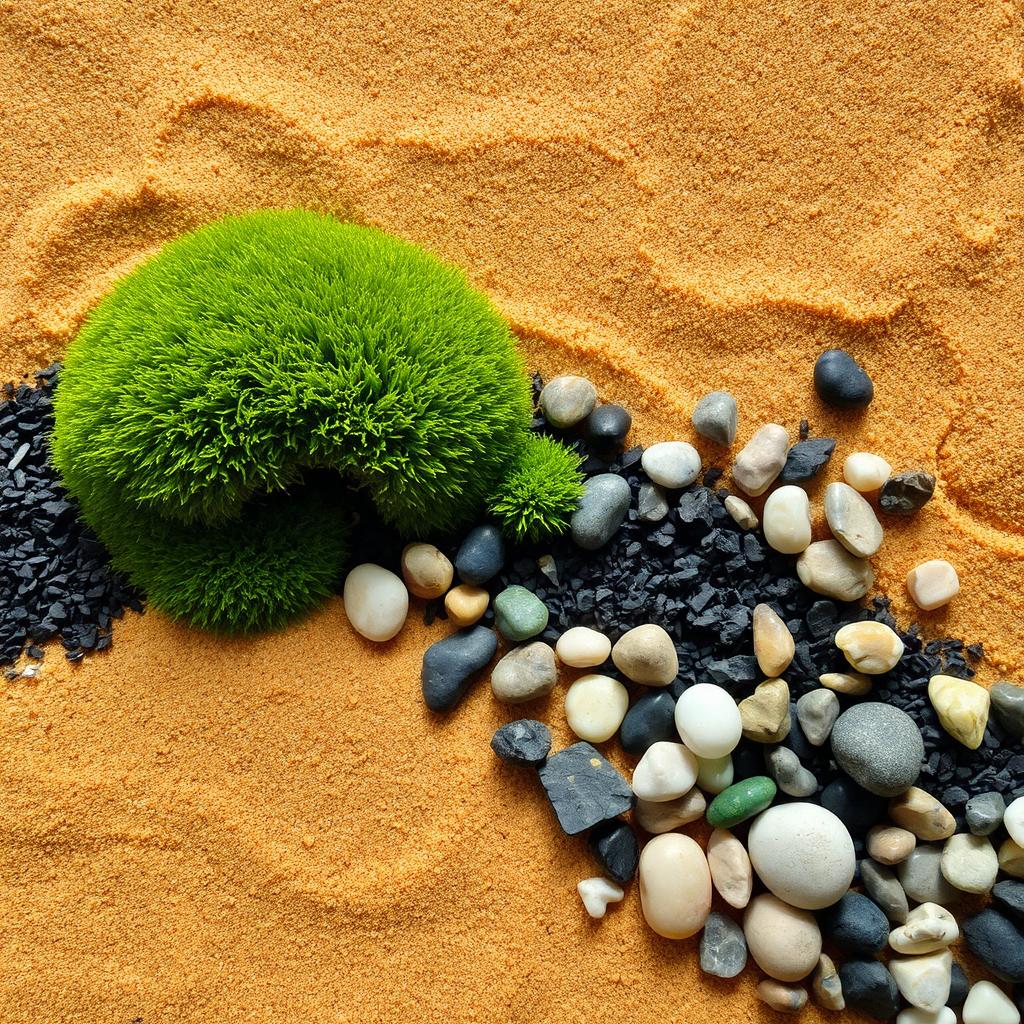 A serene and artistic composition featuring a mix of moss, charcoal, sand, and colorful pebbles