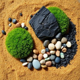 A serene and artistic composition featuring a mix of moss, charcoal, sand, and colorful pebbles