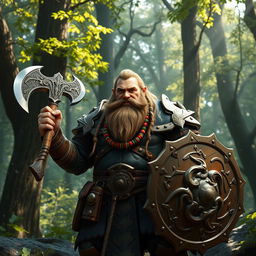 A majestic dwarf warrior standing proud and fierce in a forest setting, wearing intricately designed armor that glimmers in the dappled sunlight