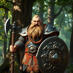 A majestic dwarf warrior standing proud and fierce in a forest setting, wearing intricately designed armor that glimmers in the dappled sunlight