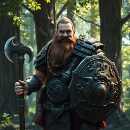 A majestic dwarf warrior standing proud and fierce in a forest setting, wearing intricately designed armor that glimmers in the dappled sunlight