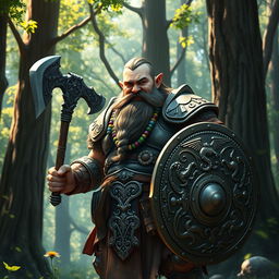 A majestic dwarf warrior standing proud and fierce in a forest setting, wearing intricately designed armor that glimmers in the dappled sunlight