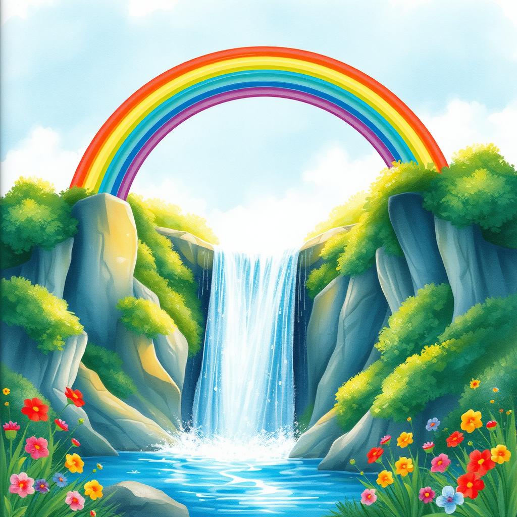 A vibrant rainbow arching over a majestic waterfall, surrounded by lush greenery and colorful flowers