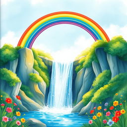 A vibrant rainbow arching over a majestic waterfall, surrounded by lush greenery and colorful flowers