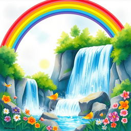 A vibrant rainbow arching over a majestic waterfall, surrounded by lush greenery and colorful flowers