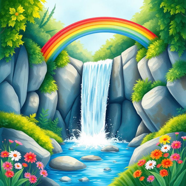 A vibrant rainbow arching over a majestic waterfall, surrounded by lush greenery and colorful flowers