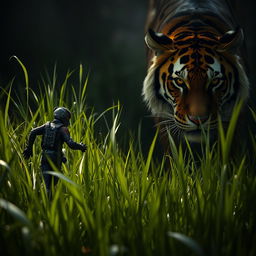 An intense and dramatic scene depicting Ant-Man scurrying through lush, tall grass, showcasing his small stature against the vastness of his surroundings