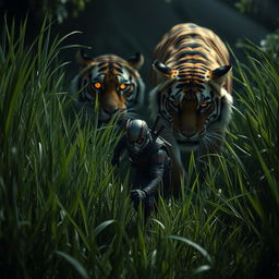 An intense and dramatic scene depicting Ant-Man scurrying through lush, tall grass, showcasing his small stature against the vastness of his surroundings
