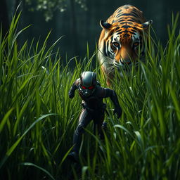 An intense and dramatic scene depicting Ant-Man scurrying through lush, tall grass, showcasing his small stature against the vastness of his surroundings