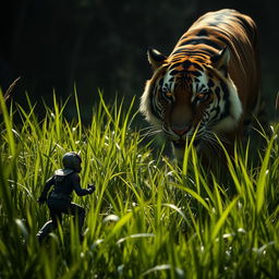 An intense and dramatic scene depicting Ant-Man scurrying through lush, tall grass, showcasing his small stature against the vastness of his surroundings