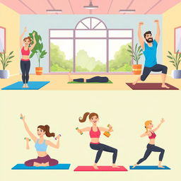 A series of colorful and engaging exercise illustrations showing various workout poses like yoga, pilates, and strength training