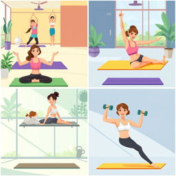 A series of colorful and engaging exercise illustrations showing various workout poses like yoga, pilates, and strength training