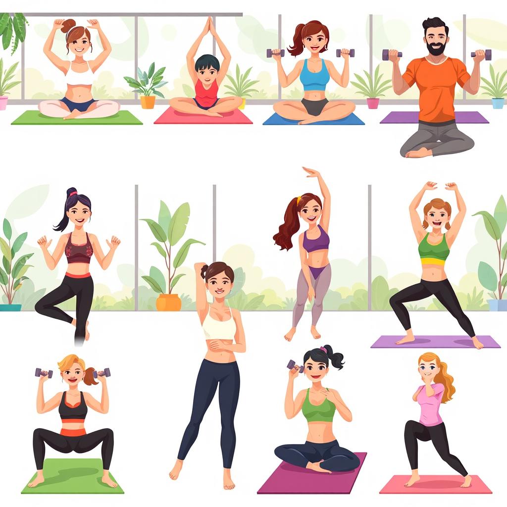 A series of colorful and engaging exercise illustrations showing various workout poses like yoga, pilates, and strength training