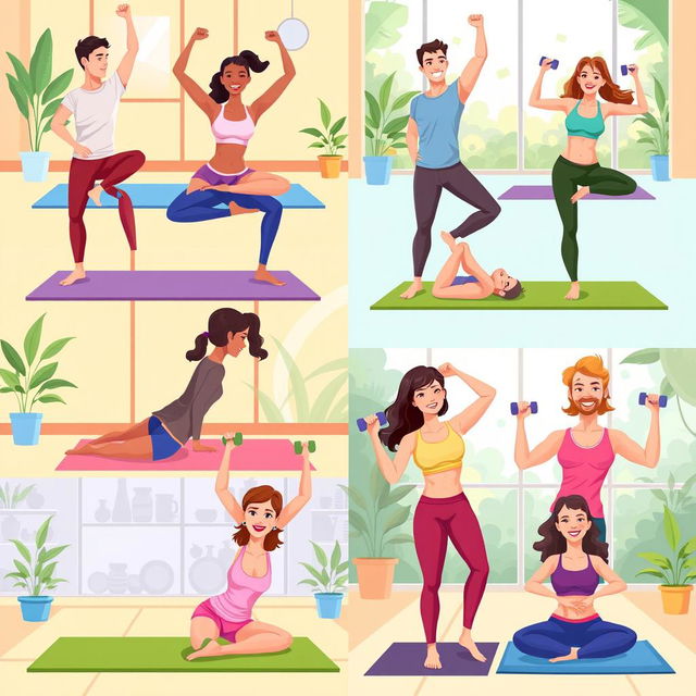 A series of colorful and engaging exercise illustrations showing various workout poses like yoga, pilates, and strength training