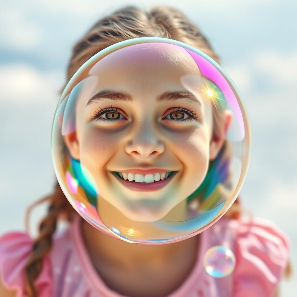 A beautiful girl with a radiant smile, her face vividly reflected in a shimmering soap bubble