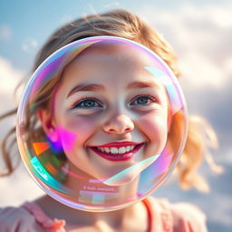 A beautiful girl with a radiant smile, her face vividly reflected in a shimmering soap bubble