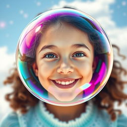 A beautiful girl with a radiant smile, her face vividly reflected in a shimmering soap bubble