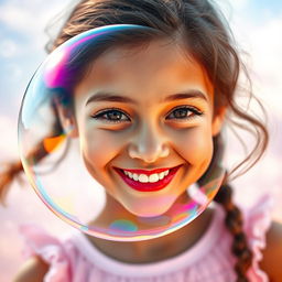 A beautiful girl with a radiant smile, her face vividly reflected in a shimmering soap bubble