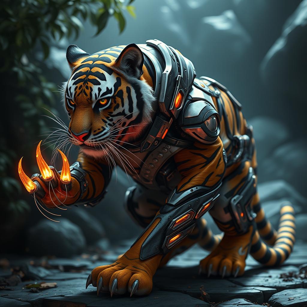 A stunning and imaginative depiction of a stealthy tiger adorned with advanced nano-armor, showcasing its sleek and muscular form