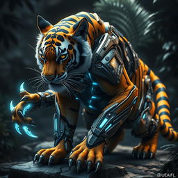 A stunning and imaginative depiction of a stealthy tiger adorned with advanced nano-armor, showcasing its sleek and muscular form