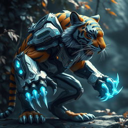 A stunning and imaginative depiction of a stealthy tiger adorned with advanced nano-armor, showcasing its sleek and muscular form