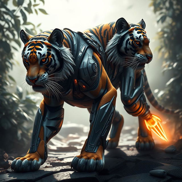 A stunning and imaginative depiction of a stealthy tiger adorned with advanced nano-armor, showcasing its sleek and muscular form