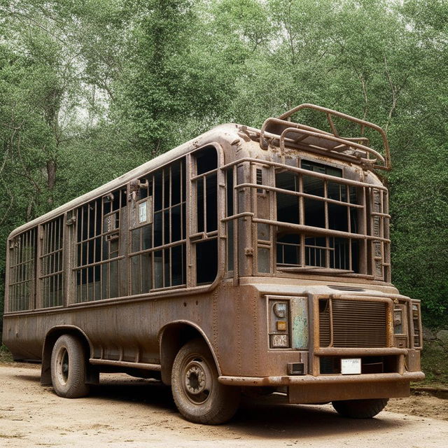 A penitentiary bus with sturdy structure, strong bars on the windows, and a rough-and-ready design to ensure utmost security.