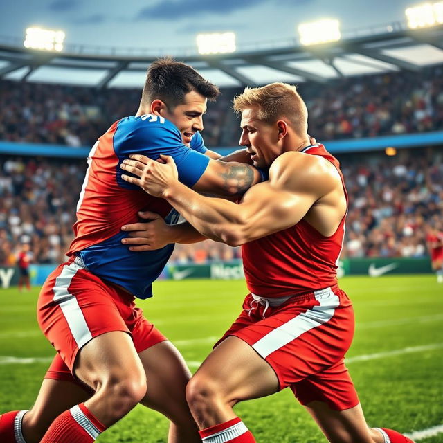 A dynamic scene capturing two football players in an intense bodily duel on the field