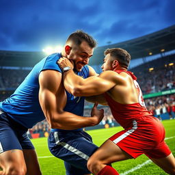 A dynamic scene capturing two football players in an intense bodily duel on the field