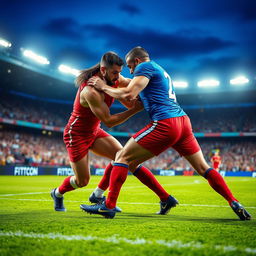 A dynamic scene capturing two football players in an intense bodily duel on the field