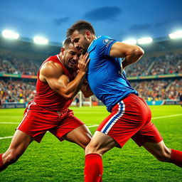 A dynamic scene capturing two football players in an intense bodily duel on the field