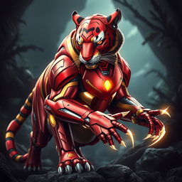 An imaginative representation of a stealthy tiger inspired by Iron Man's color scheme, featuring a sleek, metallic red and gold nano-armor