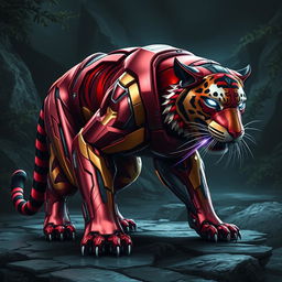 An imaginative representation of a stealthy tiger inspired by Iron Man's color scheme, featuring a sleek, metallic red and gold nano-armor