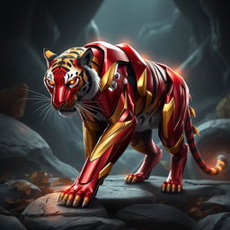 An imaginative representation of a stealthy tiger inspired by Iron Man's color scheme, featuring a sleek, metallic red and gold nano-armor