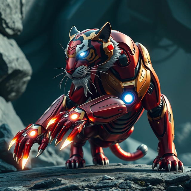 An imaginative representation of a stealthy tiger inspired by Iron Man's color scheme, featuring a sleek, metallic red and gold nano-armor