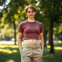 A full-body portrait of a person standing confidently, wearing a fitted t-shirt that accentuates a flat belly
