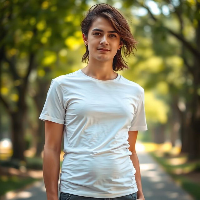 A full-body portrait of a person standing confidently, wearing a fitted t-shirt that accentuates a flat belly